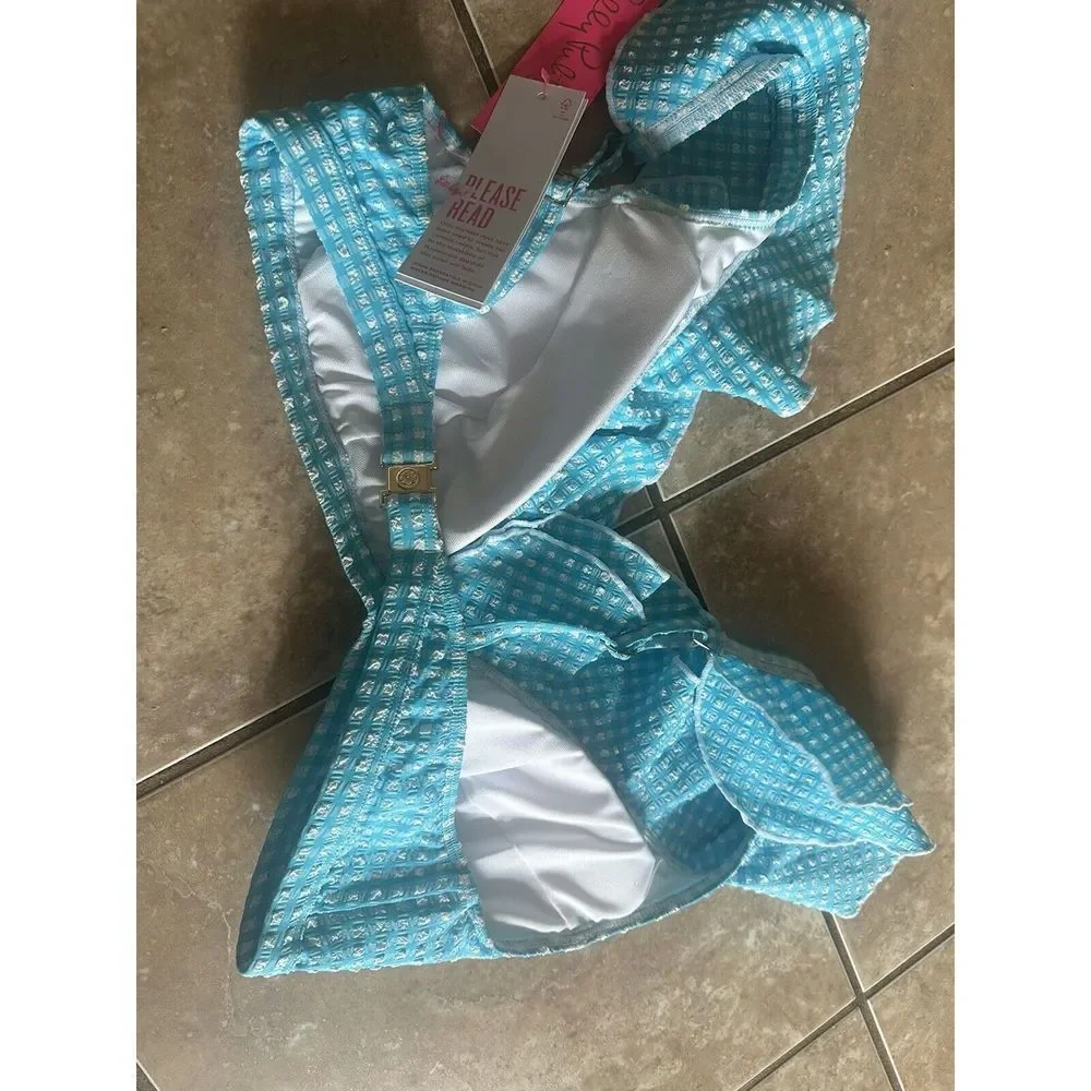 NWT Lilly Pulitzer 10 Crinkle Gingham Swim Bikini Set Turquoise Oasis - Picture 6 of 7